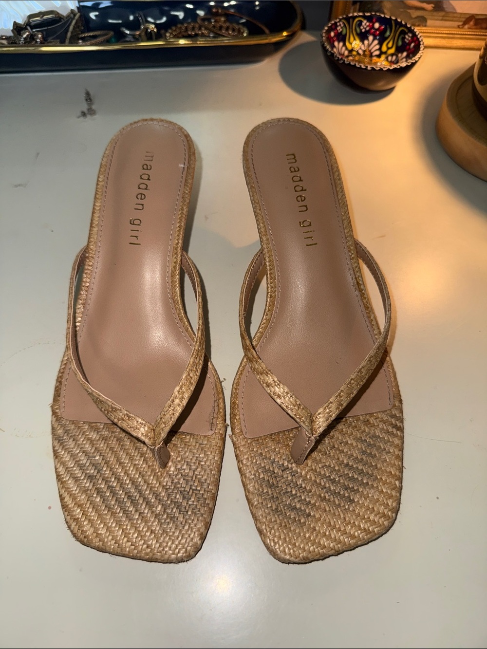 Madden Girl Tan Woven Slide Mules